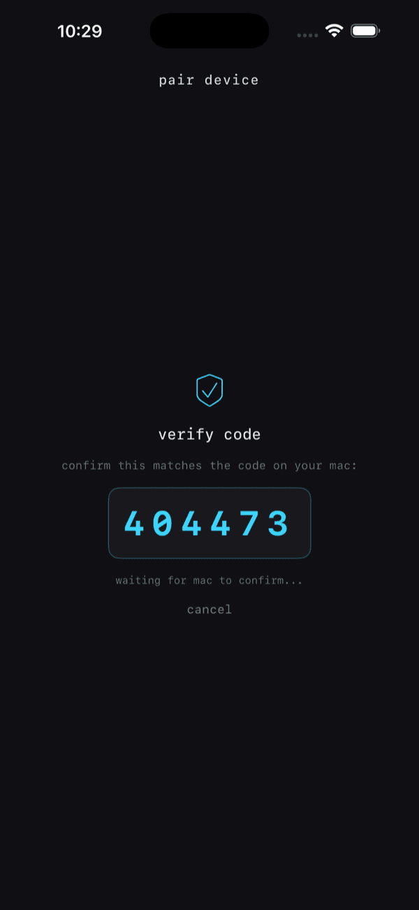Seasalt pairing verification showing a 6-digit code on iPhone