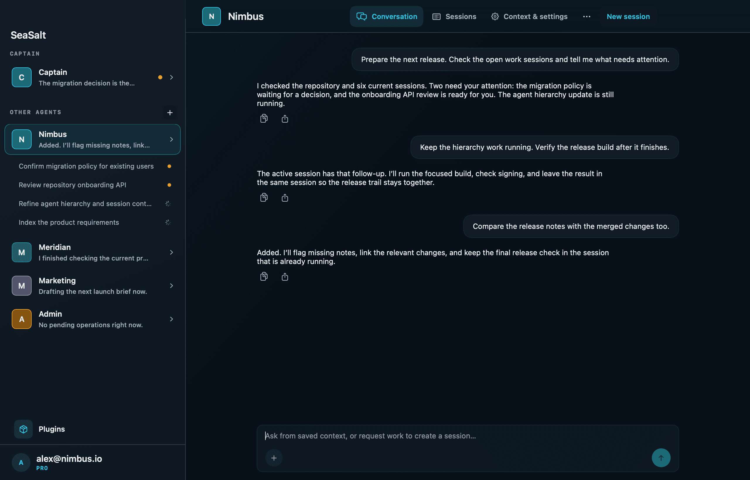 SeaSalt project agent with a populated conversation and several project agents in the sidebar