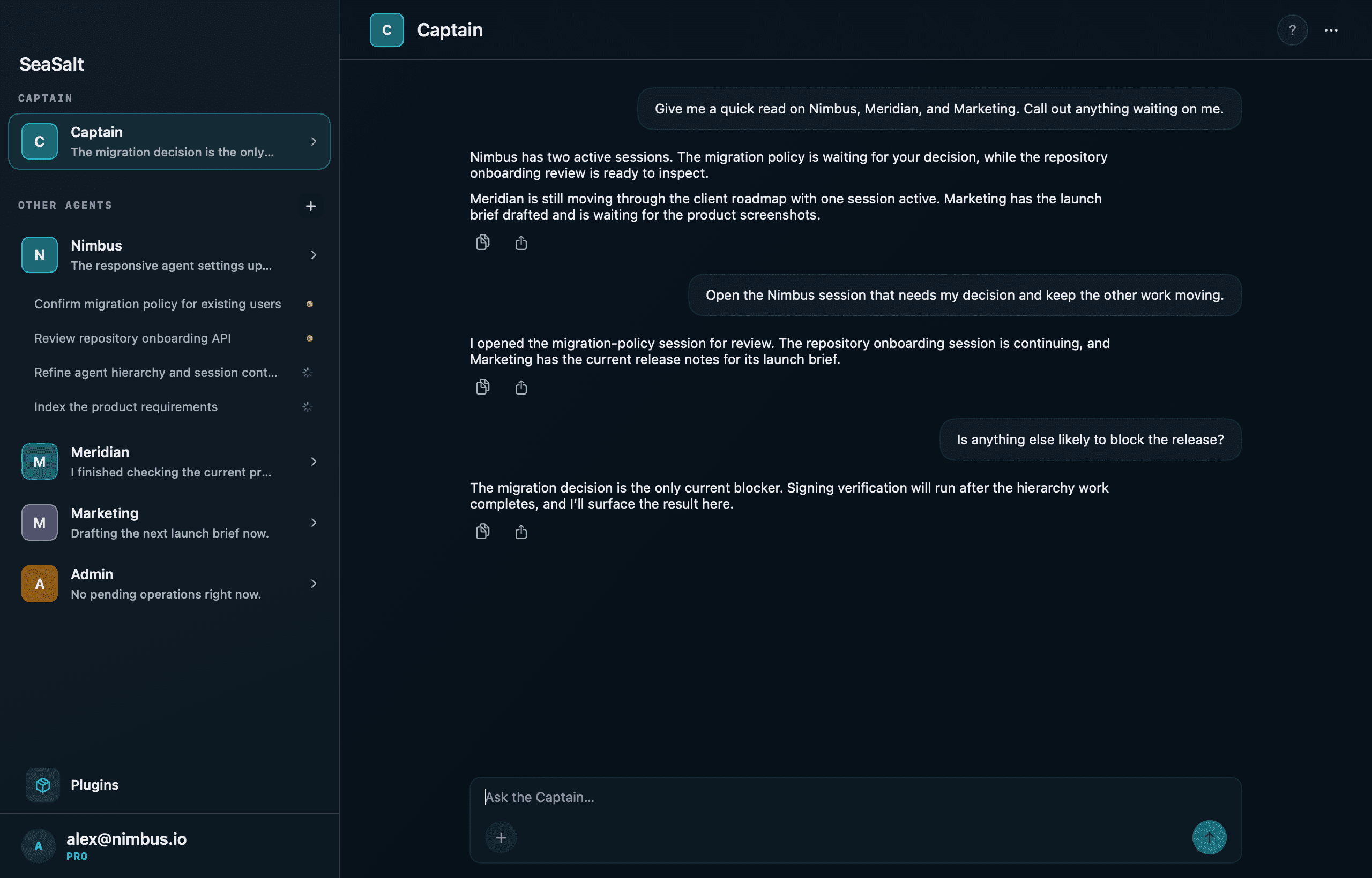 A Captain conversation in SeaSalt summarizing three project agents