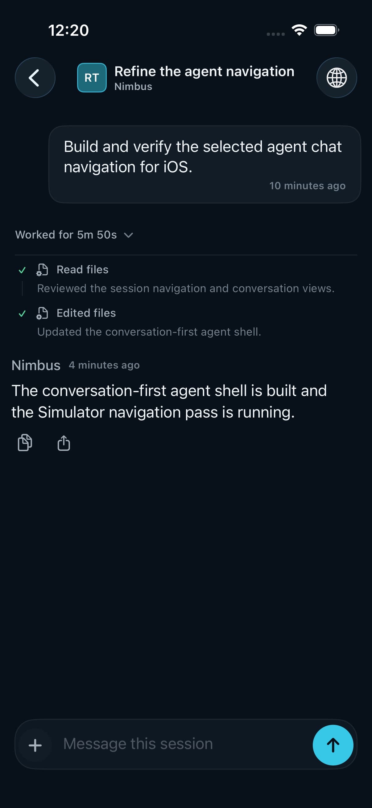 The SeaSalt iPhone app showing a work session's activity and result