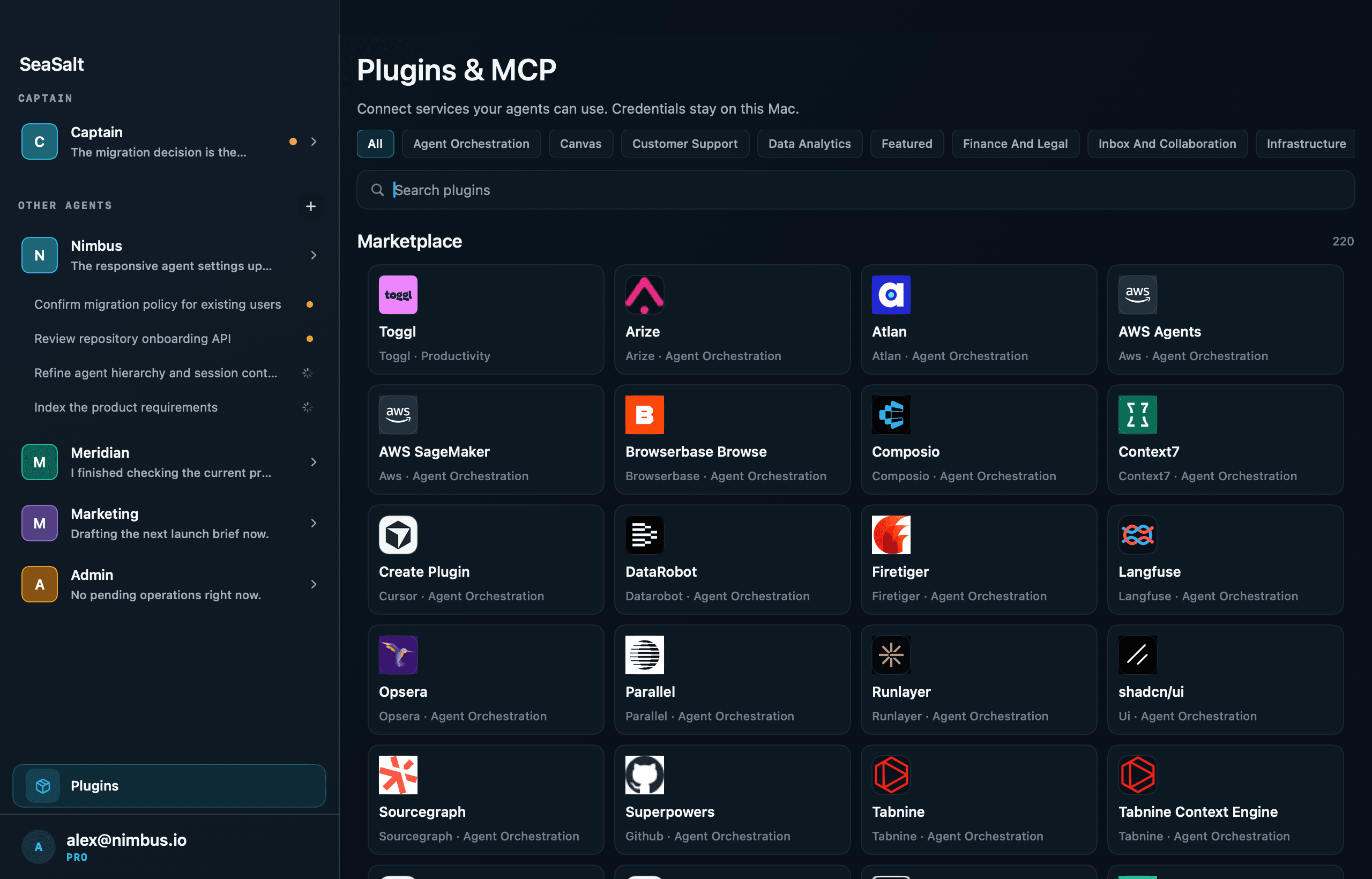 The SeaSalt Plugins & MCP screen, which notes that credentials stay on the Mac